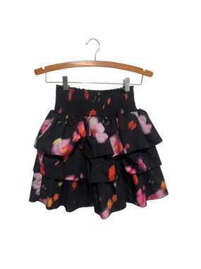 Luella Girls Black Floral Tiered Ruffle Skirt Size 8 Elastic Pull On Waist